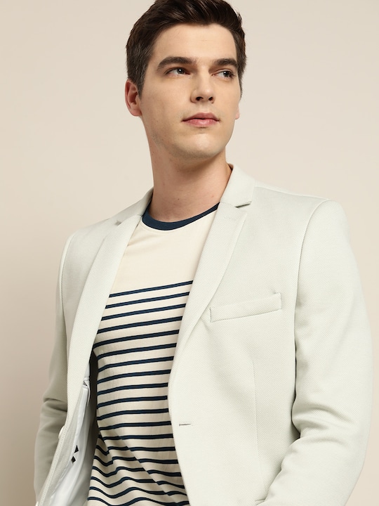 Men Off-White Slim Fit Self-Design Smart Casual Blazer