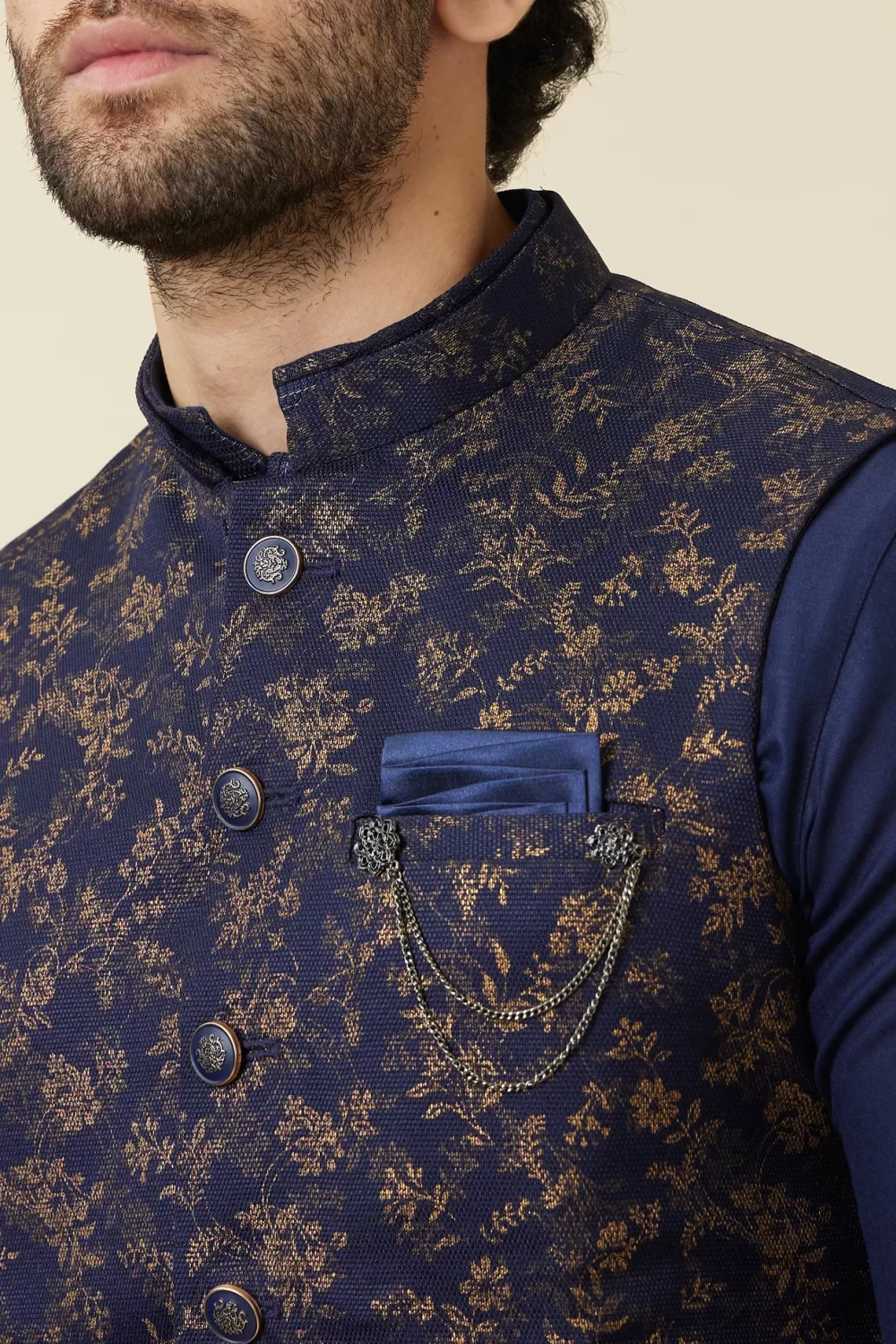 Navy Blue Golden Printed Jacket Set - Image 4
