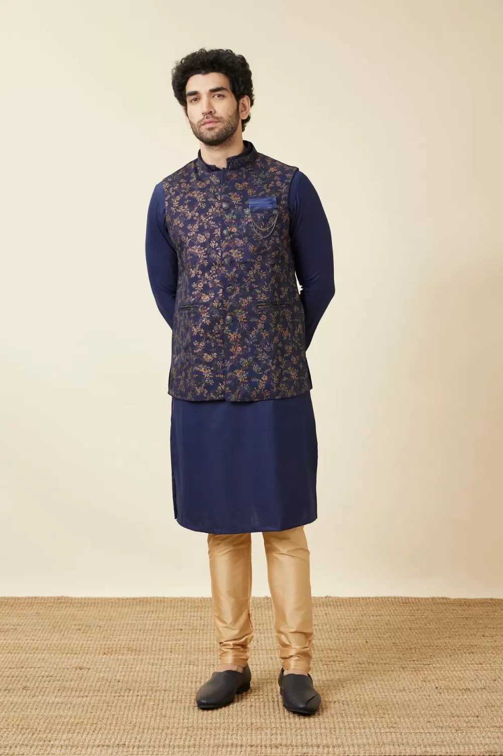 Navy Blue Golden Printed Jacket Set - Image 2