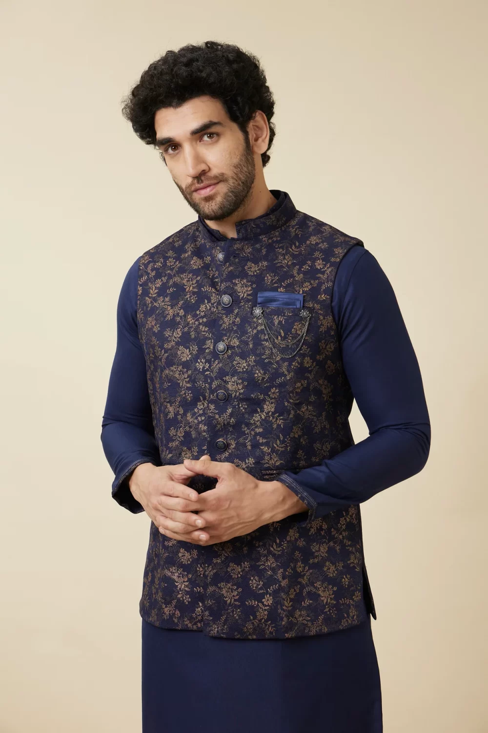 Navy Blue Golden Printed Jacket Set