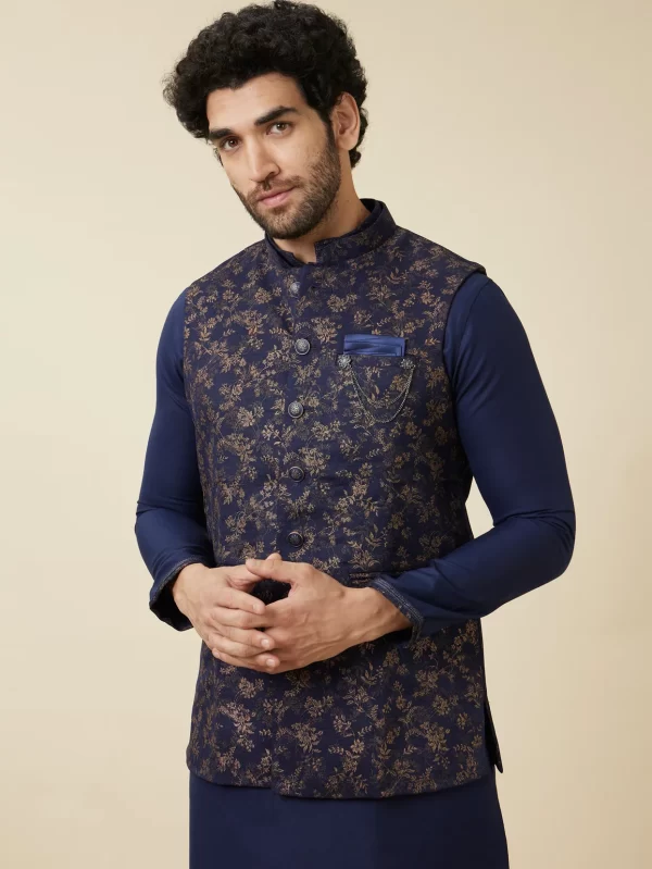 Navy Blue Golden Printed Jacket Set