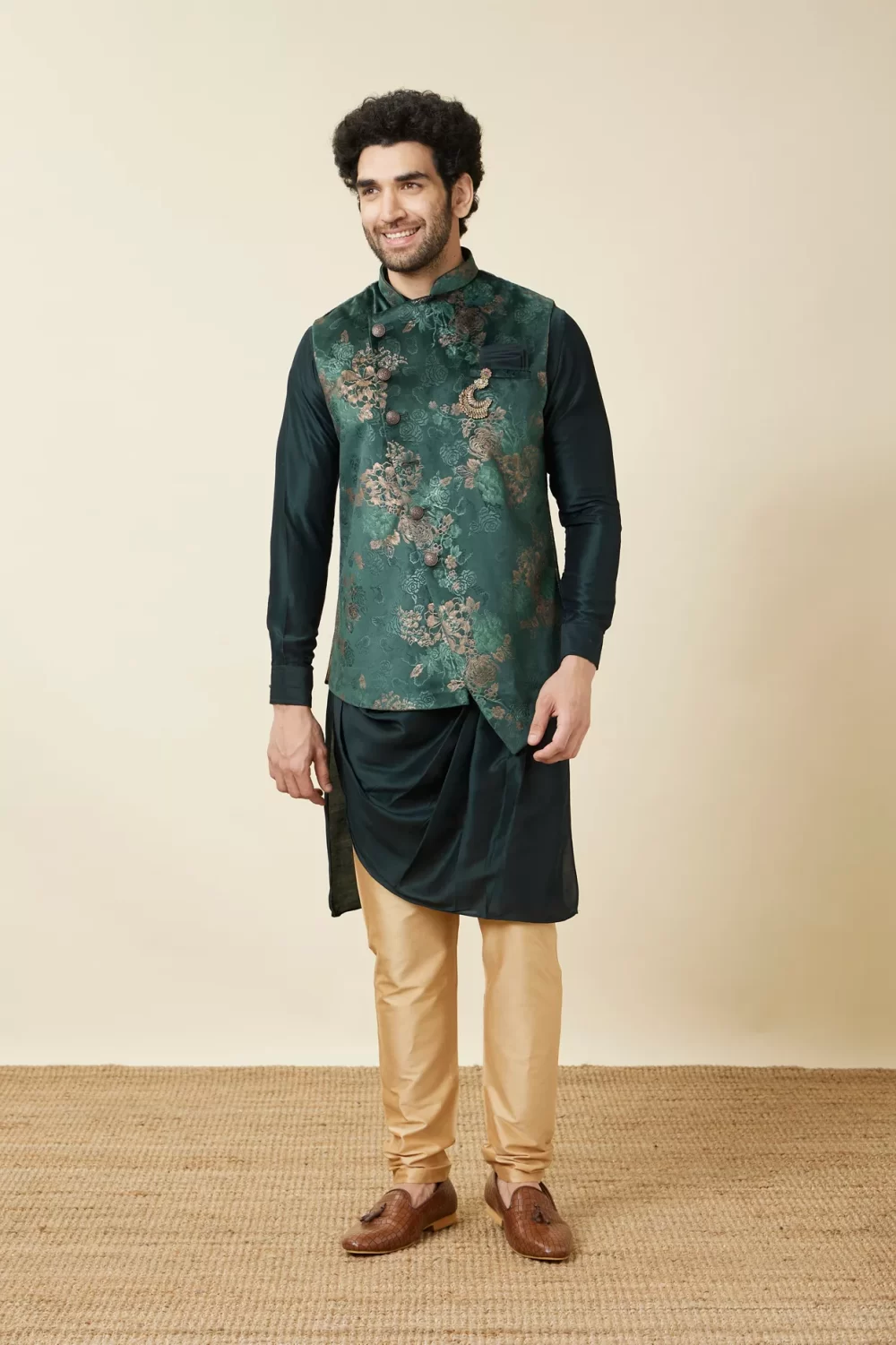 Moss Green Floral Printed Aysmetric Jacket Set