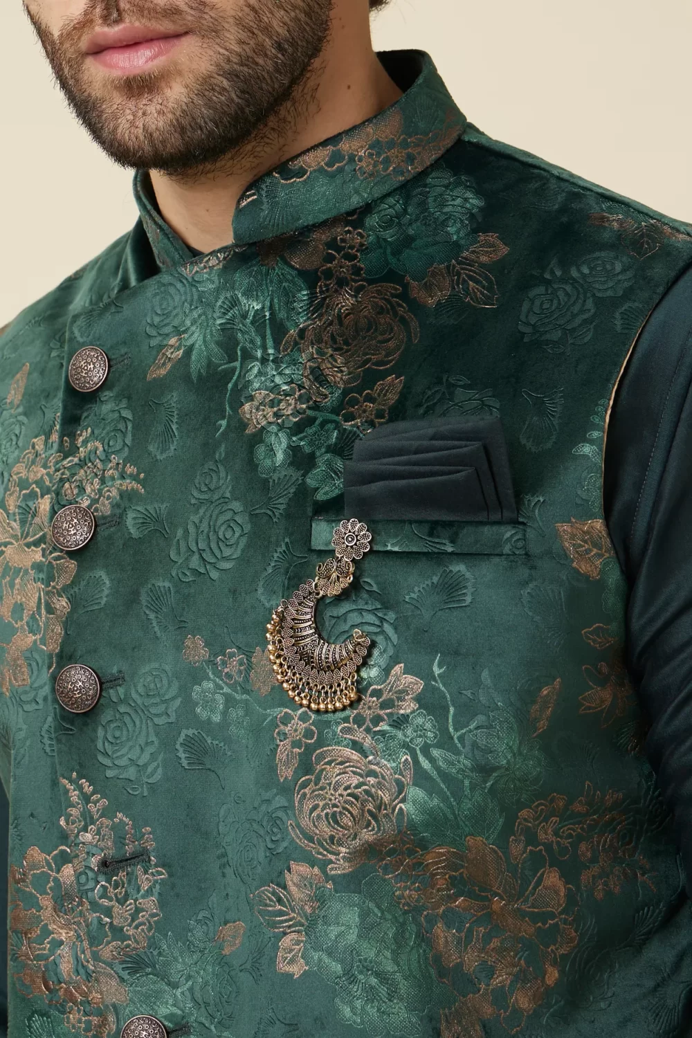 Moss Green Floral Printed Aysmetric Jacket Set - Image 4