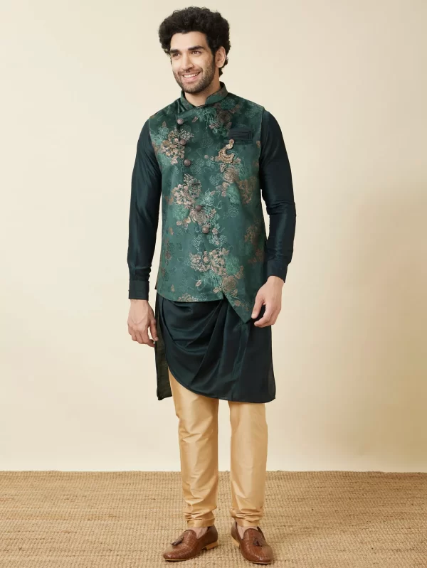 Moss Green Floral Printed Aysmetric Jacket Set