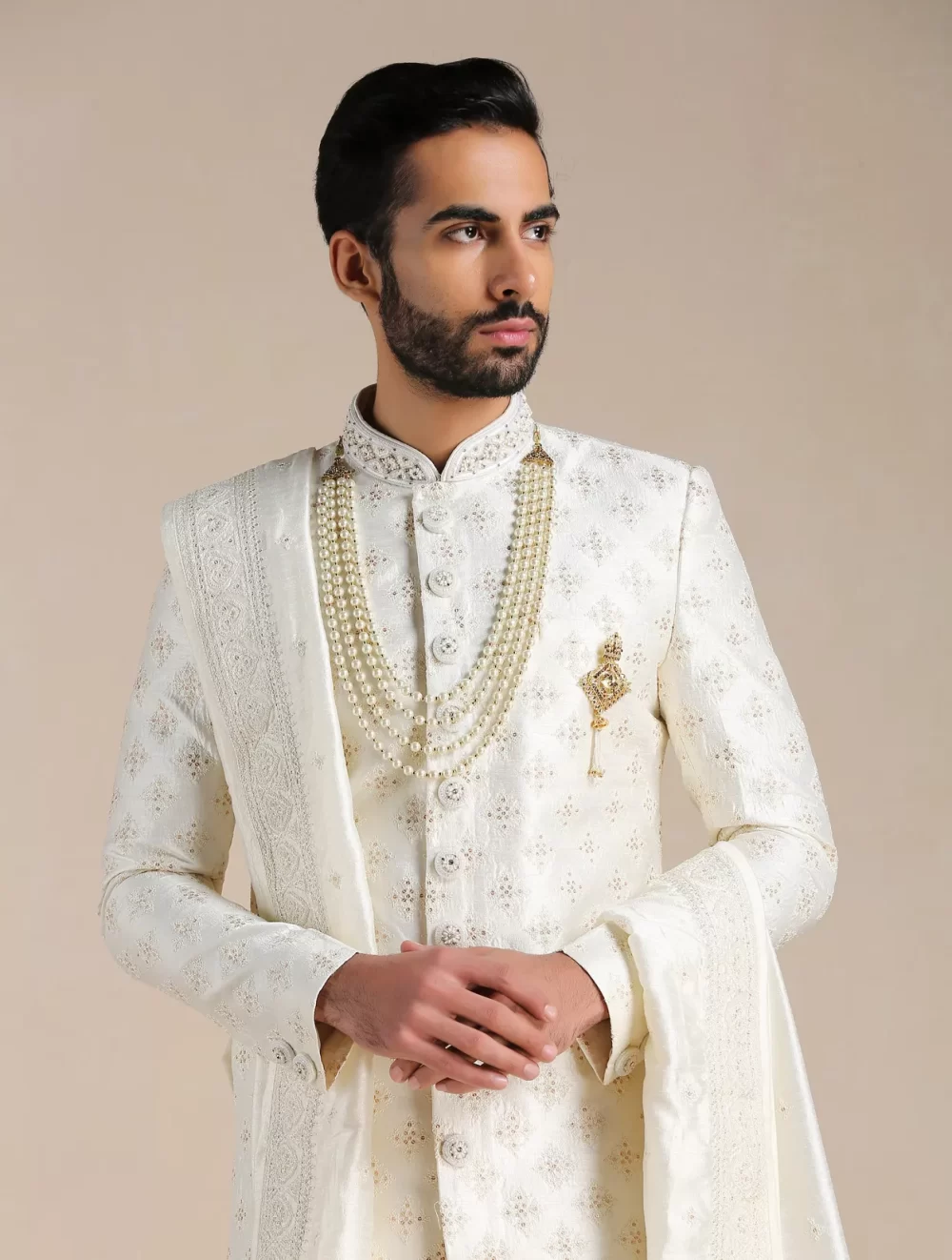Cream Floral Self Patterned Sherwani
