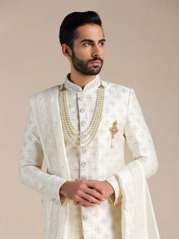 Cream Floral Self Patterned Sherwani