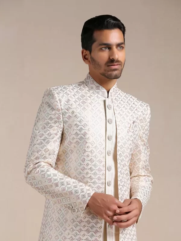 Cream Geometric Patterned Achkan Style Sherwani Set