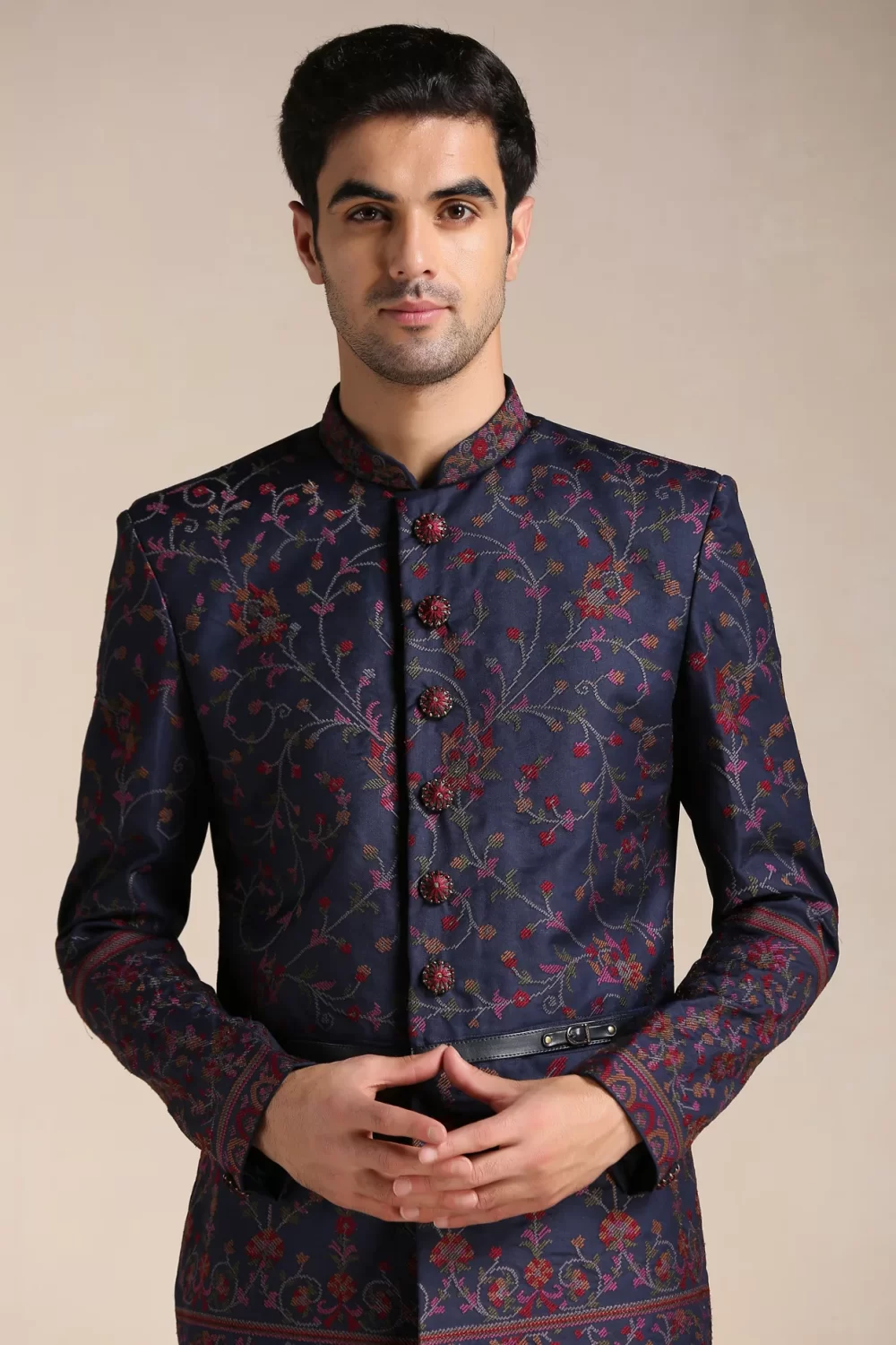 Twilight Blue Floral Patterned Achkan Style Indo Western Set