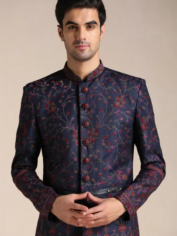 Twilight Blue Floral Patterned Achkan Style Indo Western Set