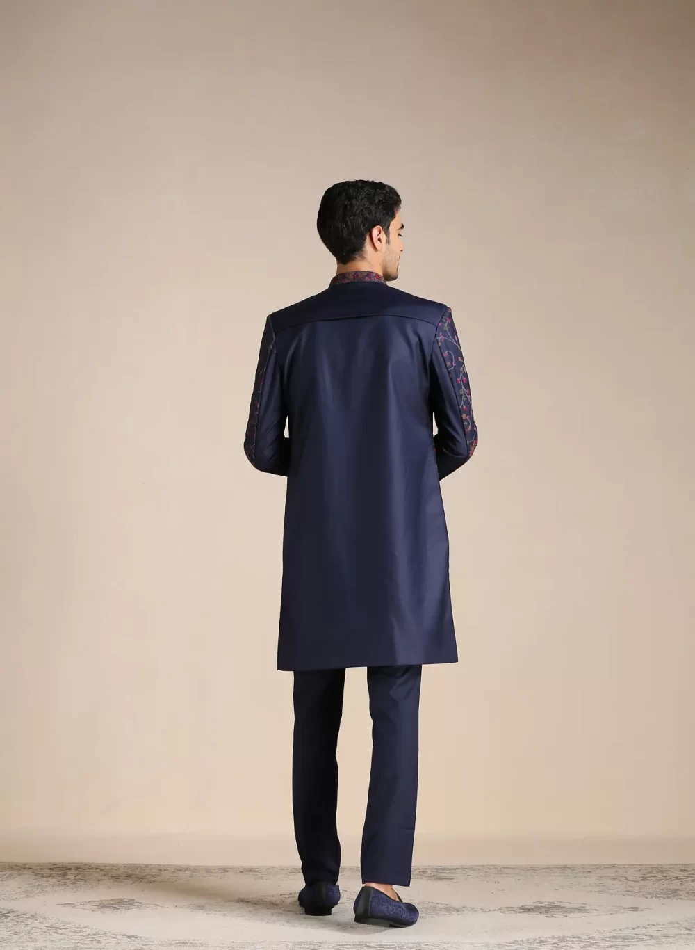 Twilight Blue Floral Patterned Achkan Style Indo Western Set - Image 3