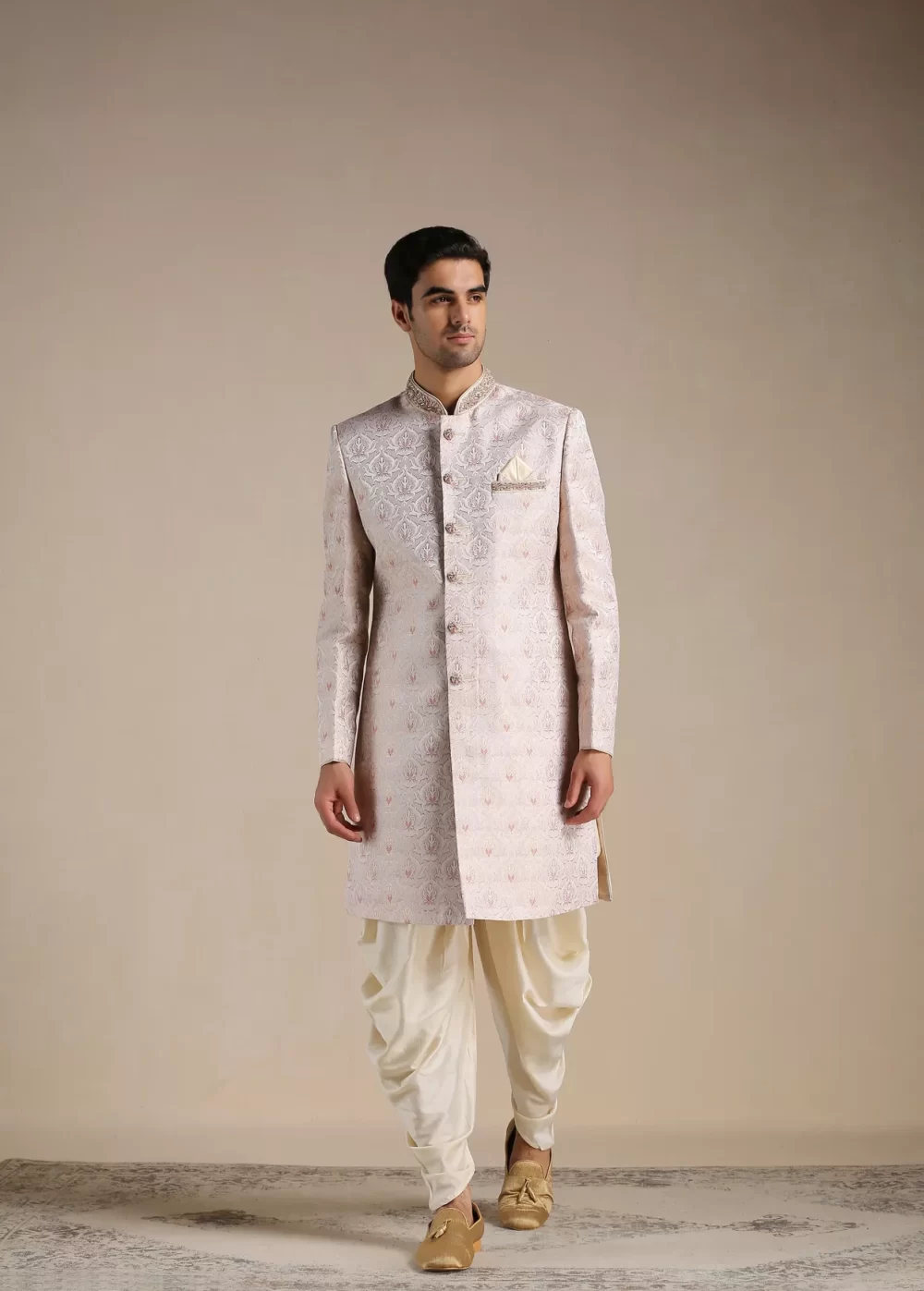 Primrose Pink Floral Patterned Brocade Indo Western Set - Image 2