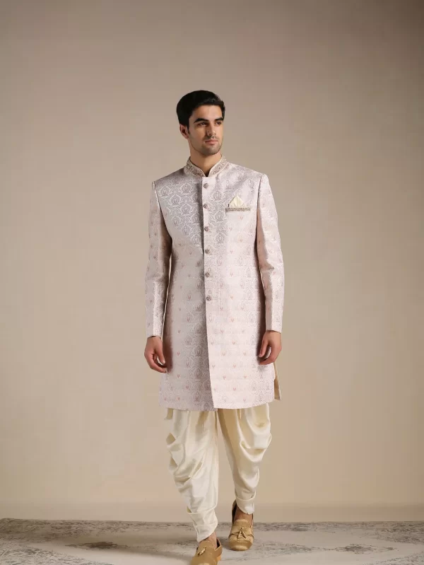 Primrose Pink Floral Patterned Brocade Indo Western Set