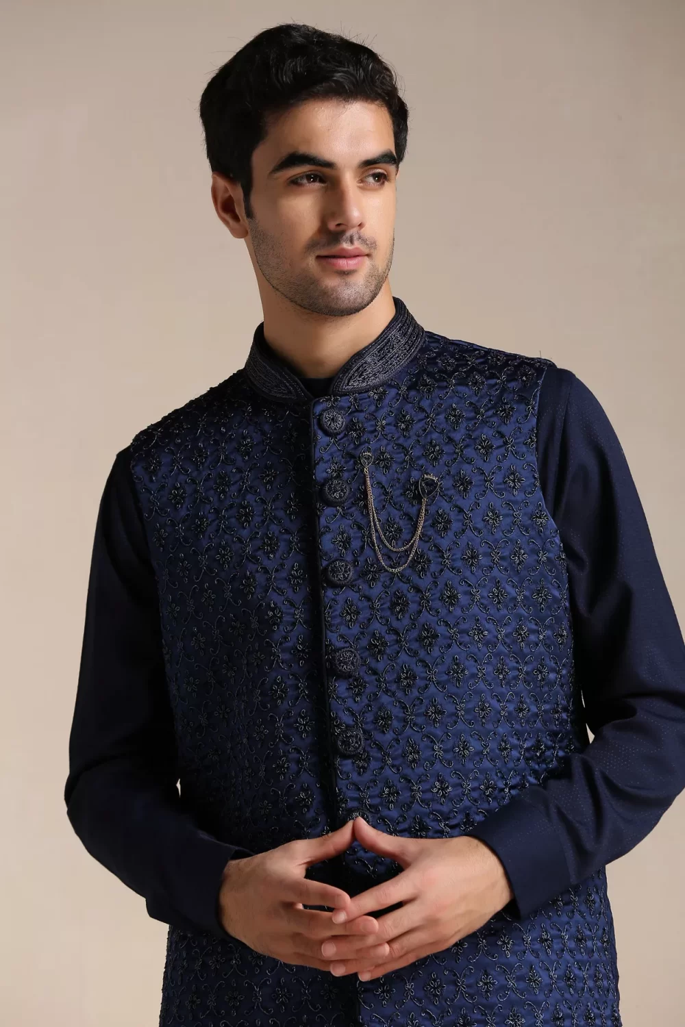 Navy Blue Kurta Jacket Set