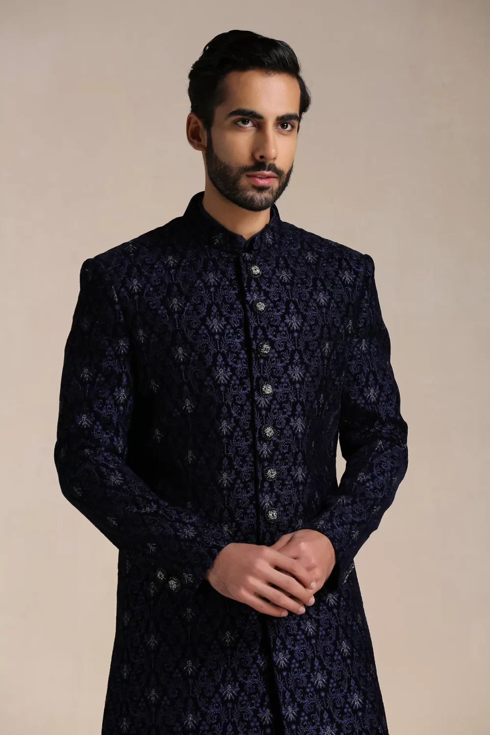 Dark Night Blue Self Patterned Indo Western Set