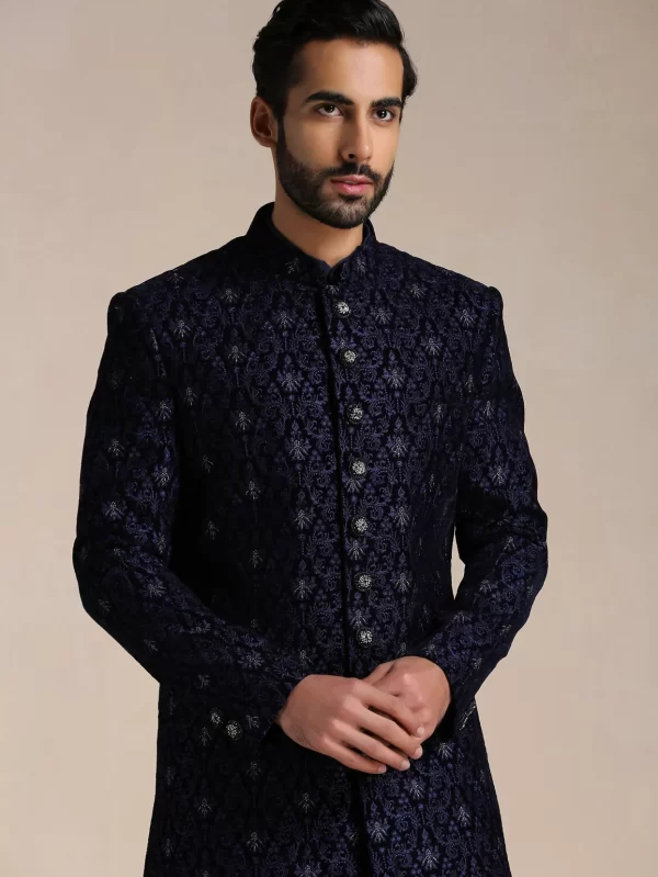 Dark Night Blue Self Patterned Indo Western Set