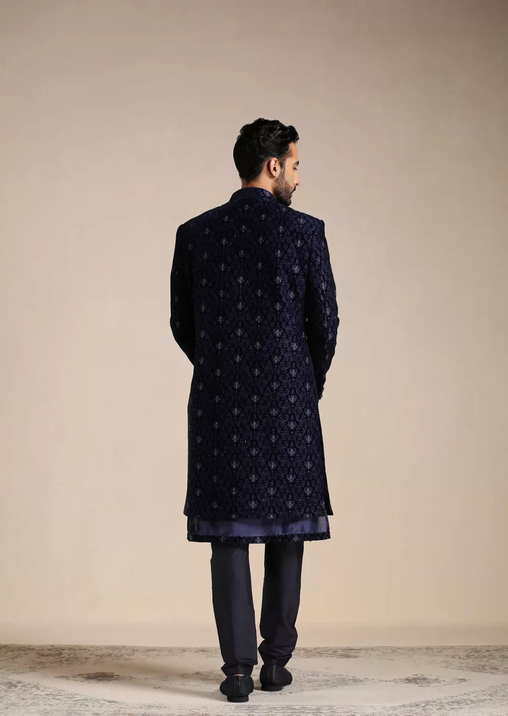 Dark Night Blue Self Patterned Indo Western Set - Image 3