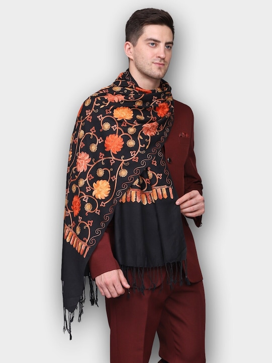 Men Black & Peach-Coloured Embroidered Stole
