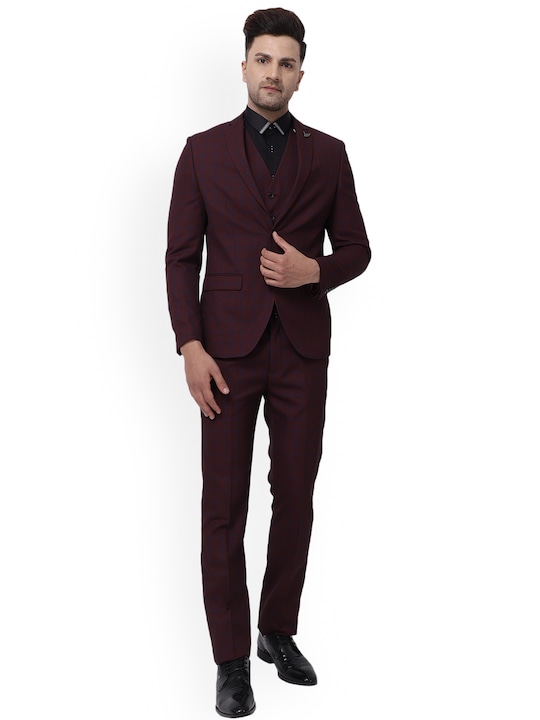 Men Burgundy Single-Breasted Formal Suit