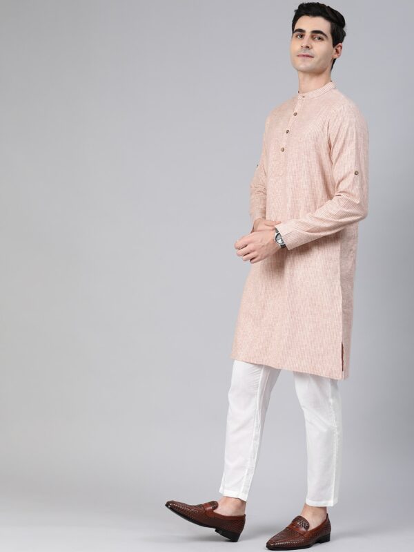 Men Peach-Coloured & Burgundy Striped Kurta with Trousers & Nehru Jacket